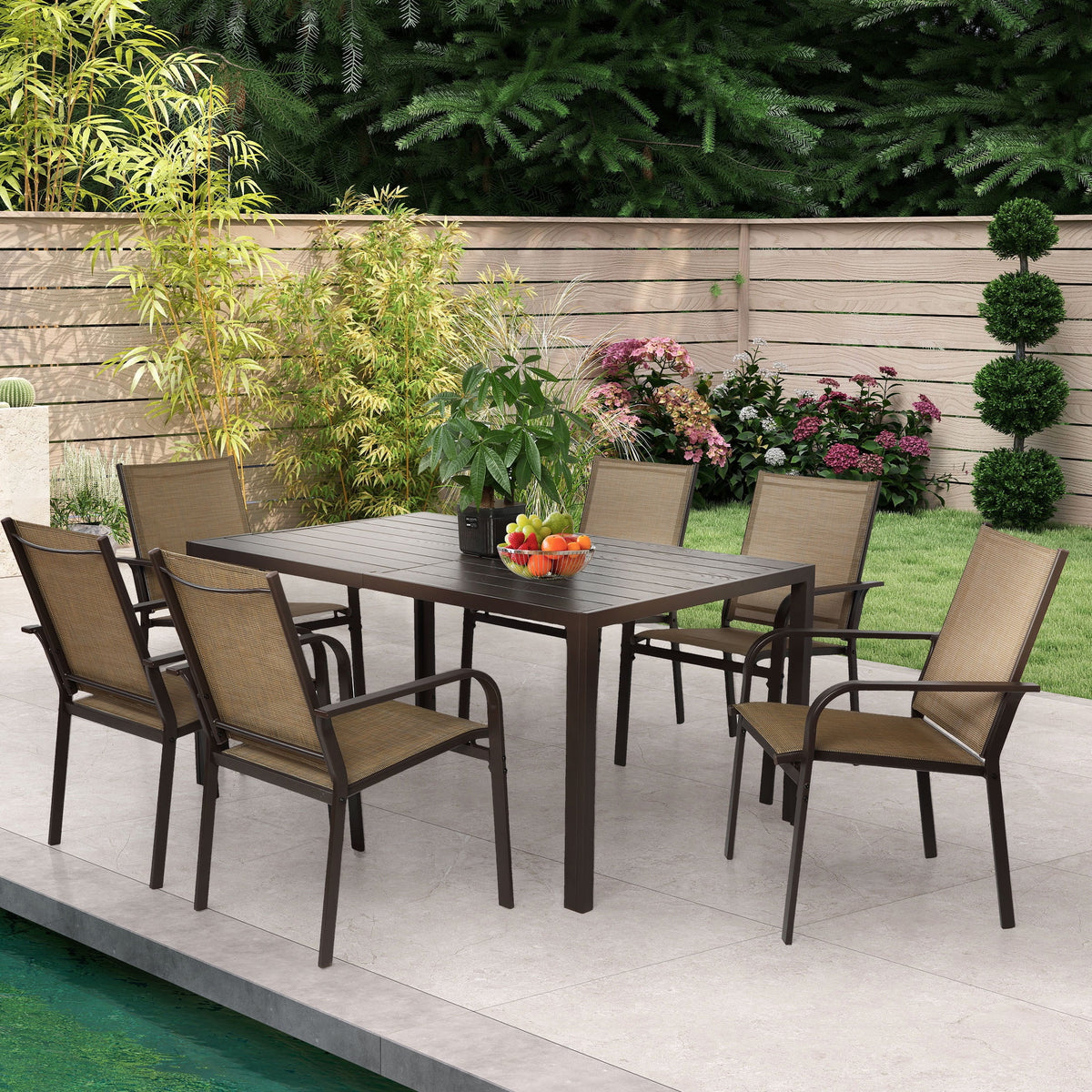 7 Piece Outdoor Dining Set, Patio Dining Table Set for 6 Persons, Garden Patio Textilene Dining Furniture Set with Plastic-Wood Tabletop, Dining Table Chairs Conversation Set for Deck Patio