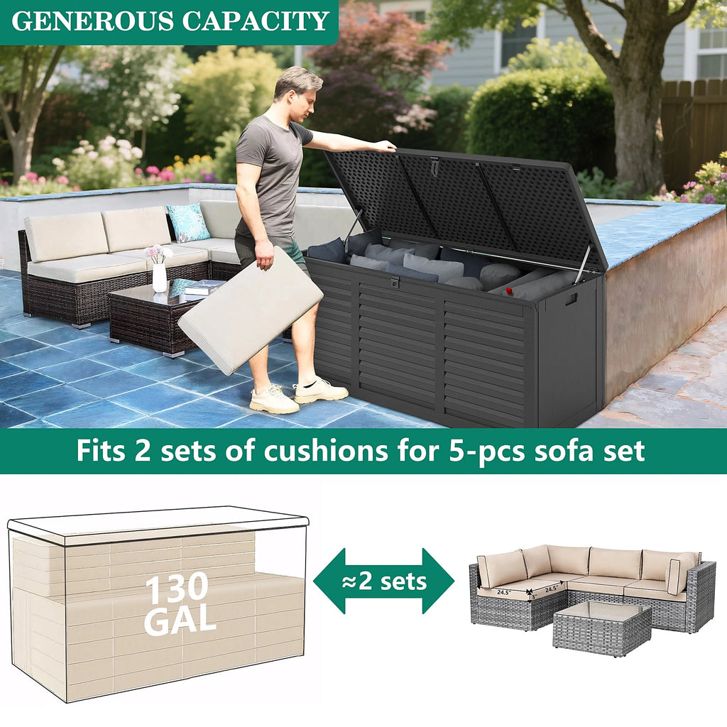 130 Gallon Resin Deck Box, Outdoor Lockable Storage Container for Patio Cushions, Garden Tools, Pool Supplies, Toys, Waterproof and UV Resistant, Reinforced Rib Design, Gray