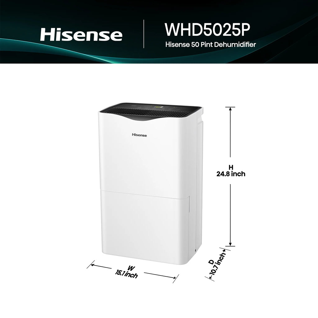 Hisense 50 Pint Dehumidifier 4,500 Sq. Ft for Multi-Scenario Use, Energy Star Certified, Easy Carry Handle, Low Noise Operation, Hassle-Free Water Removal, White (WHD5025P)