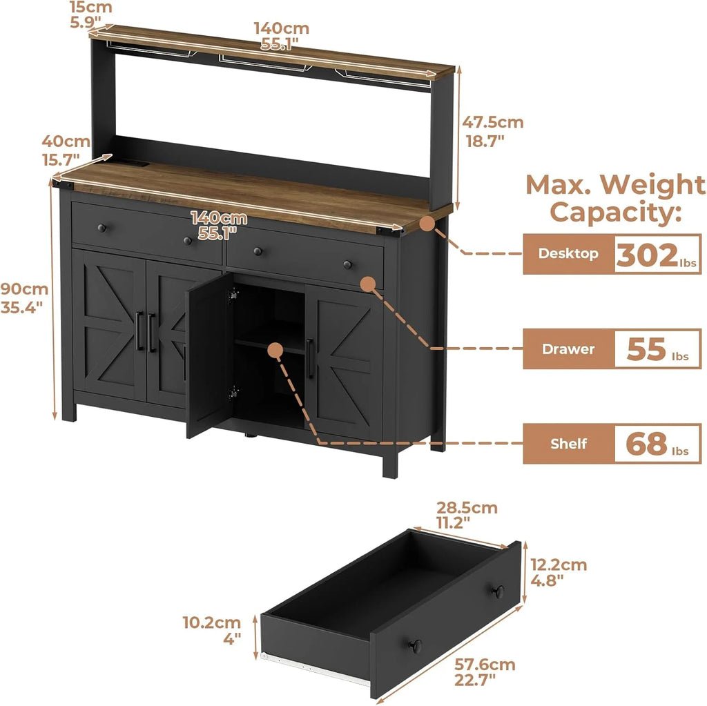 Winkalon Coffee Bar Cabinet with Hutch, 55" W Kitchen Buffet Sideboard Cabinet with 2 Drawers & USB Power Station, Black