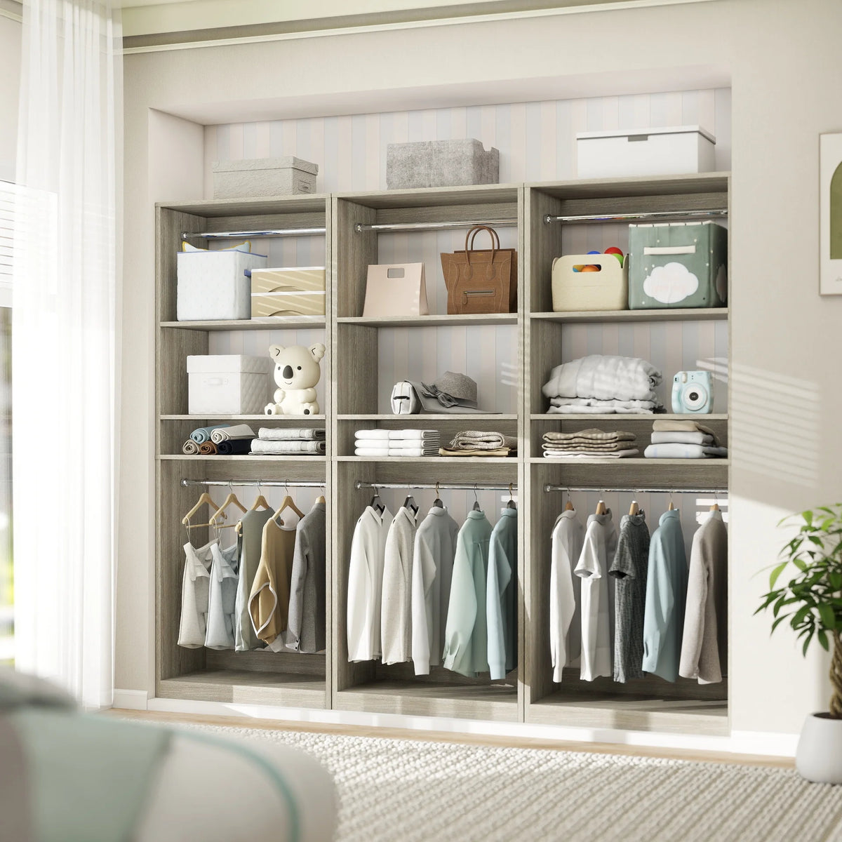 Homieasy 25 Closet System, Freestanding Closet Organizer Wardrobe with Hanging Rods and Shelves, Adjustable Clothes Garment Rack, Sturdy Walk in Closet Tower, White
