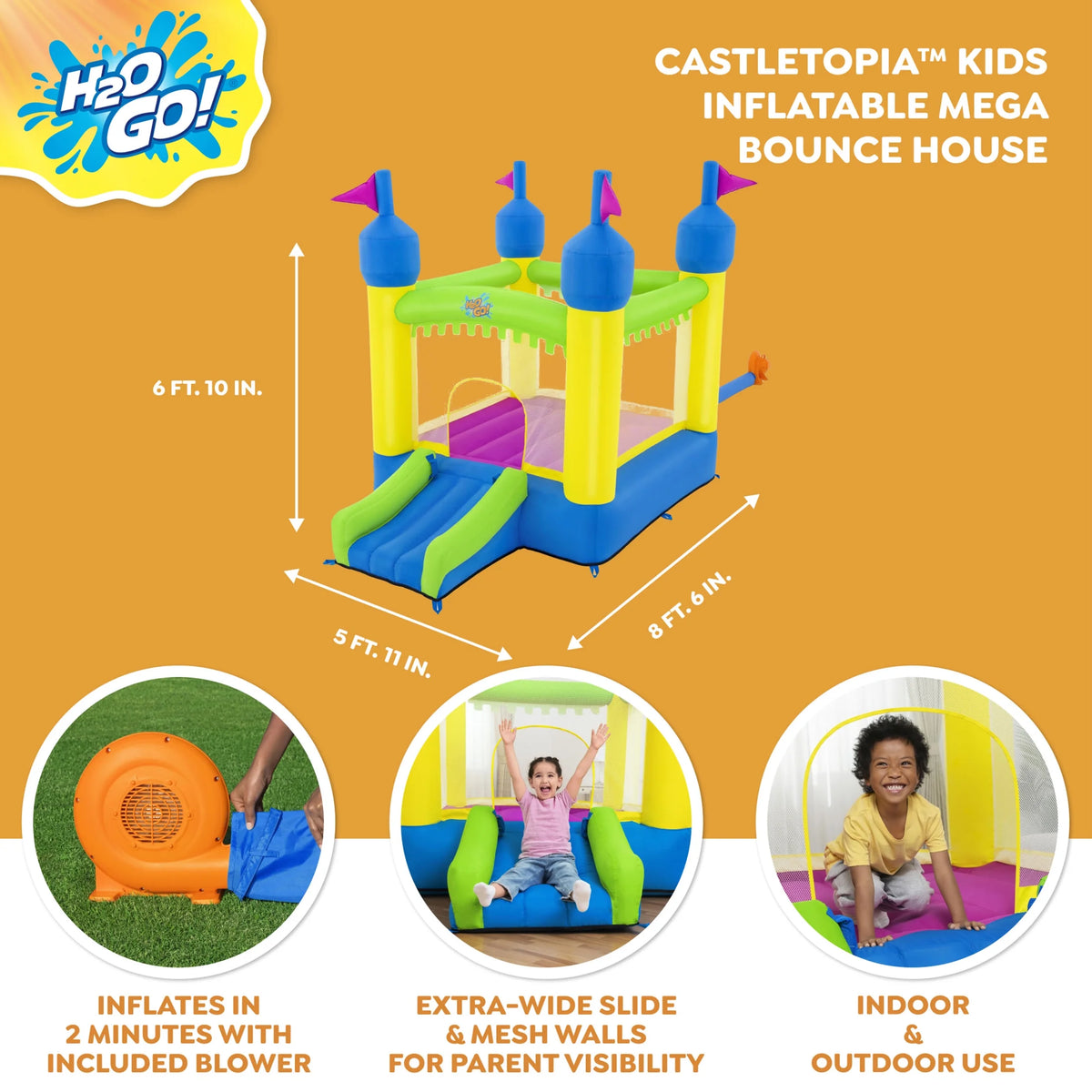 H2OGO! Castletopia Inflatable Bounce House with Slide and Blower, Indoor/Outdoor, Ages 3+
