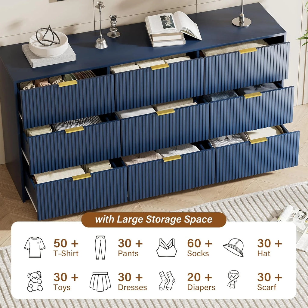 Furniway Fluted Large 9-Drawer Black Dresser