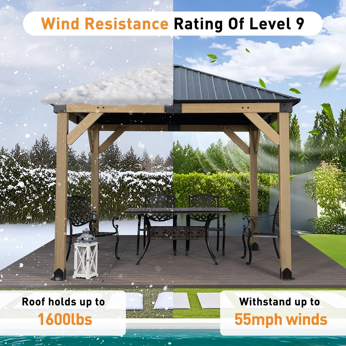 Aoodor 10 x 12 ft Wooden Frame Gazebo with 2-Tier Galvanized Metal Hardtop Roof, Outdoor Patio Gazebo with Charging Socket for Patio, Backyard, Deck, and Lawn