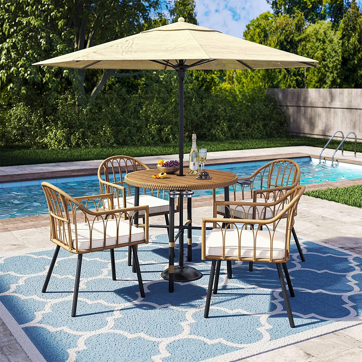 Dextrus 5 pieces Outdoor Dining Set, Patio Dining Sets with 4 Rattan Wicker Dining Chair and Round Table With Umbrella Hole, Sectional Conversation Set for Backyard, Balcony, Garden, Lawn