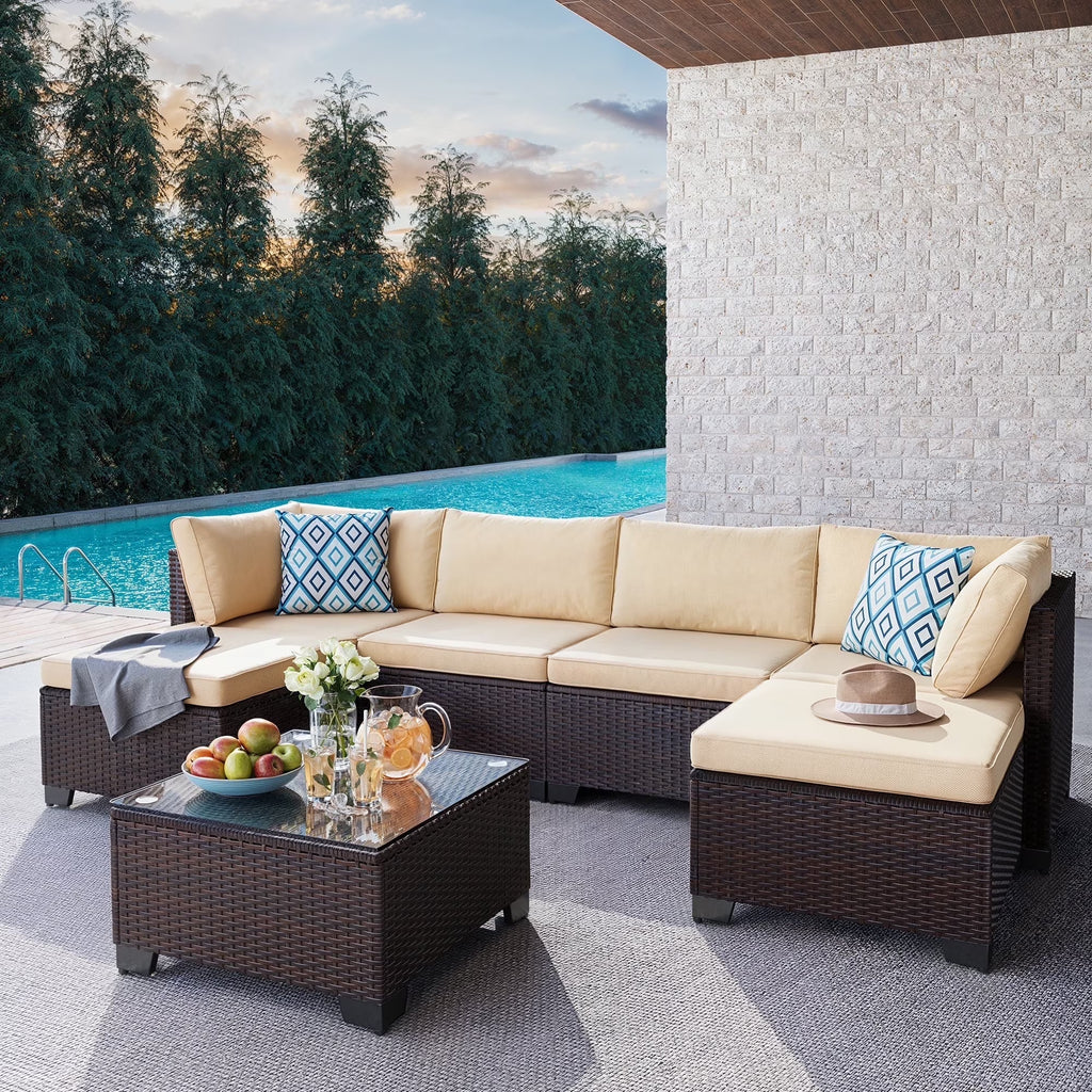 7 Piece Outdoor Patio Furniture Set, Asofer Rattan Wicker Outdoor Conversation Sectional Sofa Set, Gray