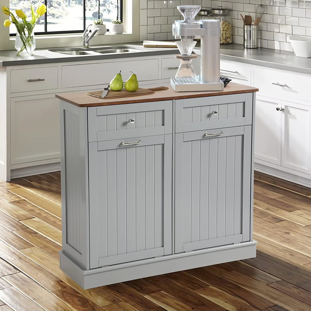 KIGOTY Dual Kitchen Trash Cabinet, Double Tilt Out Trash Can Cabinet with Countertop and Drawer, Free-Standing Pet Proof Recycling Cabinet Garbage Can Holder, Wood (White)