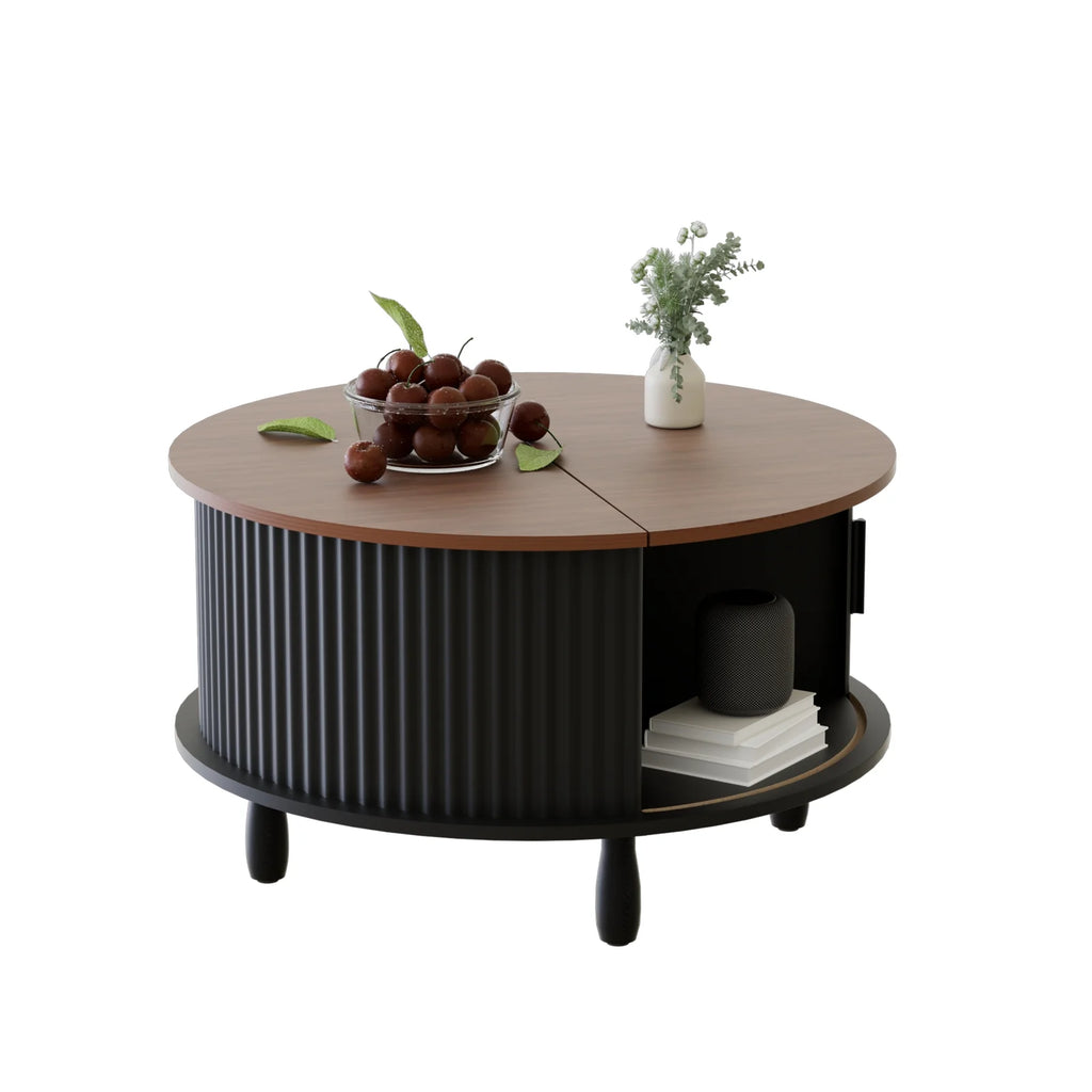 RUMLIVE Round Coffee Table with Storage, 30.7" Modern Coffee Table with 360 Curved Sliding Door, Fluted Wood Coffee Table with Footpads, Round Center Table for Living Room, Black