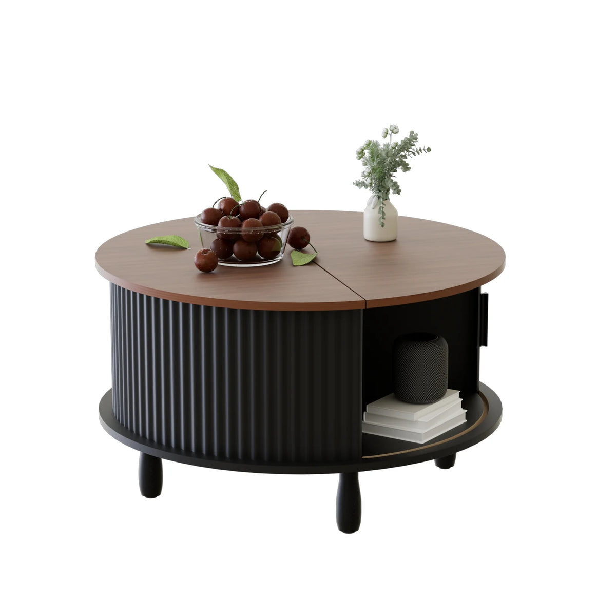 RUMLIVE Round Coffee Table with Storage, 30.7" Modern Coffee Table with 360 Curved Sliding Door, Fluted Wood Coffee Table with Footpads, Round Center Table for Living Room, Black