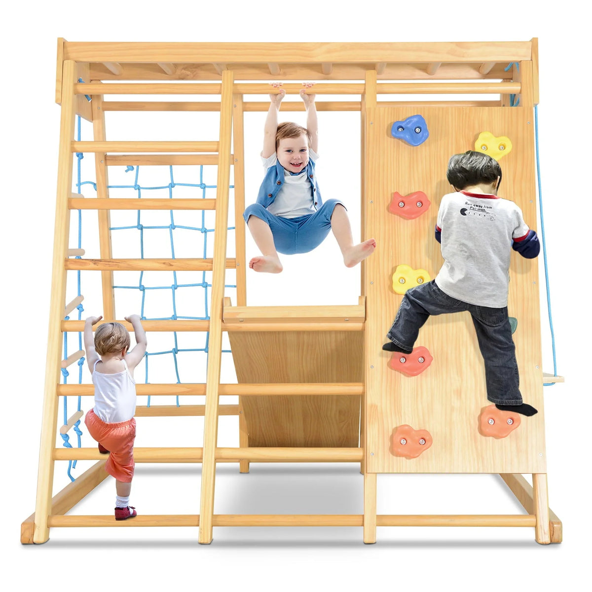 JOYMOR Indoor 7-in-1 Kids Climb Playset, Toddler Wooden Climber Gym Playground