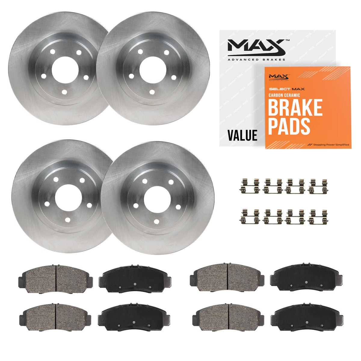 Max Advanced Brakes - Brake Kit for 2018-2020 Chevy Traverse Blazer Buick Enclave FWD 2017-2020 GMC Acadia Front and Rear Replacement Cross Drilled Disc Brake Rotors and Ceramic Brake Pads
