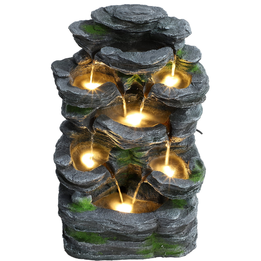 Magic Union 7-Tier Cascading Rock Water Fountain, 24" H Outdoor Freestanding Fountain with LED Lights and Pump, Outdoor Garden Waterfall Decor for Patio, Yard and Deck Decor, Natural Stone Look
