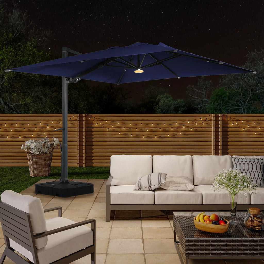 Boyel Living Cantilever Outdoor Patio Umbrellas, with Bluetooth Ambient Light & Base, Offset Square Umbrella for Pool Deck Garden Backyard, Navy Blue