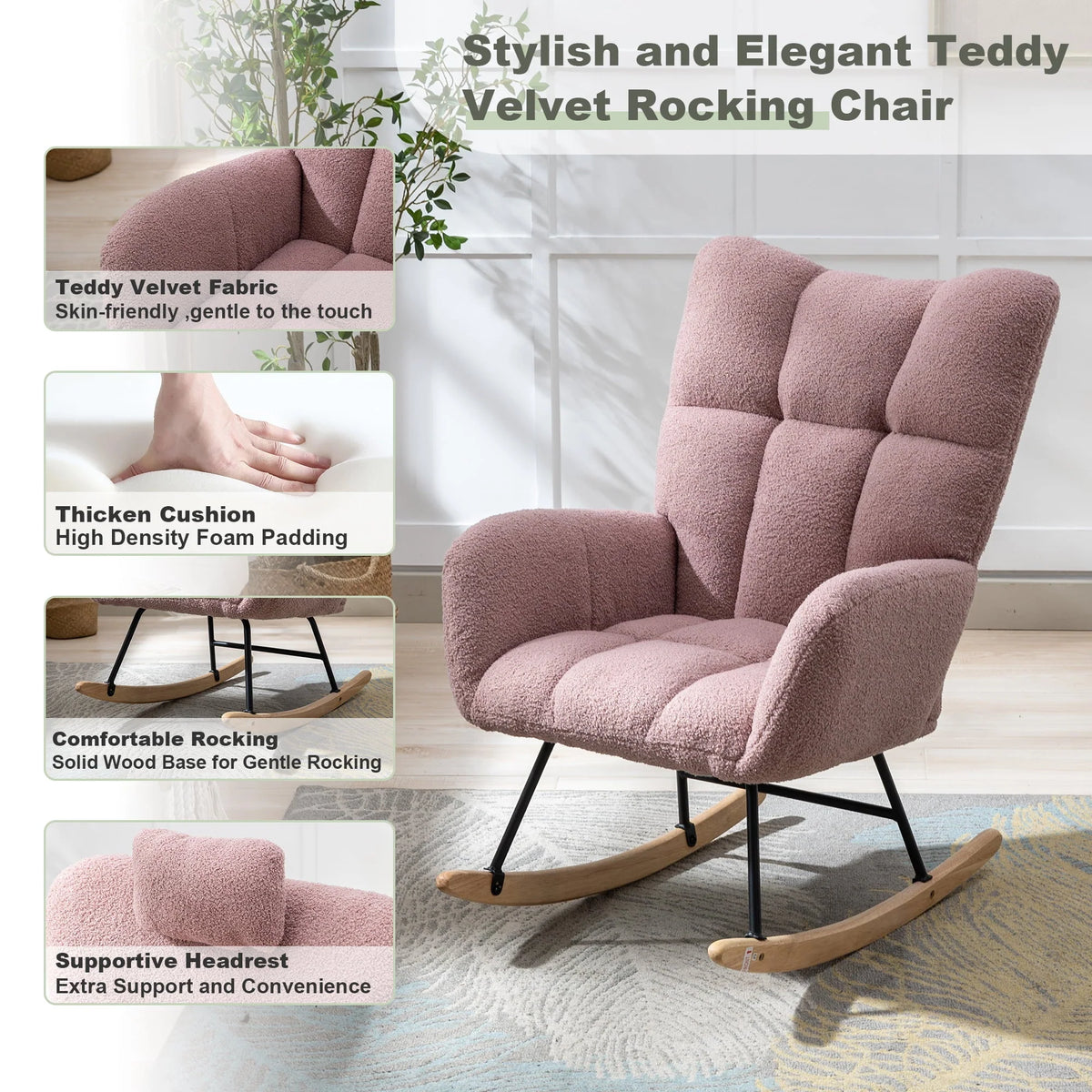 HONSIT Pink Nursery Rocking Chair, Teddy Fabric Upholstered Glider Rocker with High Backrest, Modern Rocking Accent Chairs Comfy Side Chair for Nursery, Bedroom, Living Room
