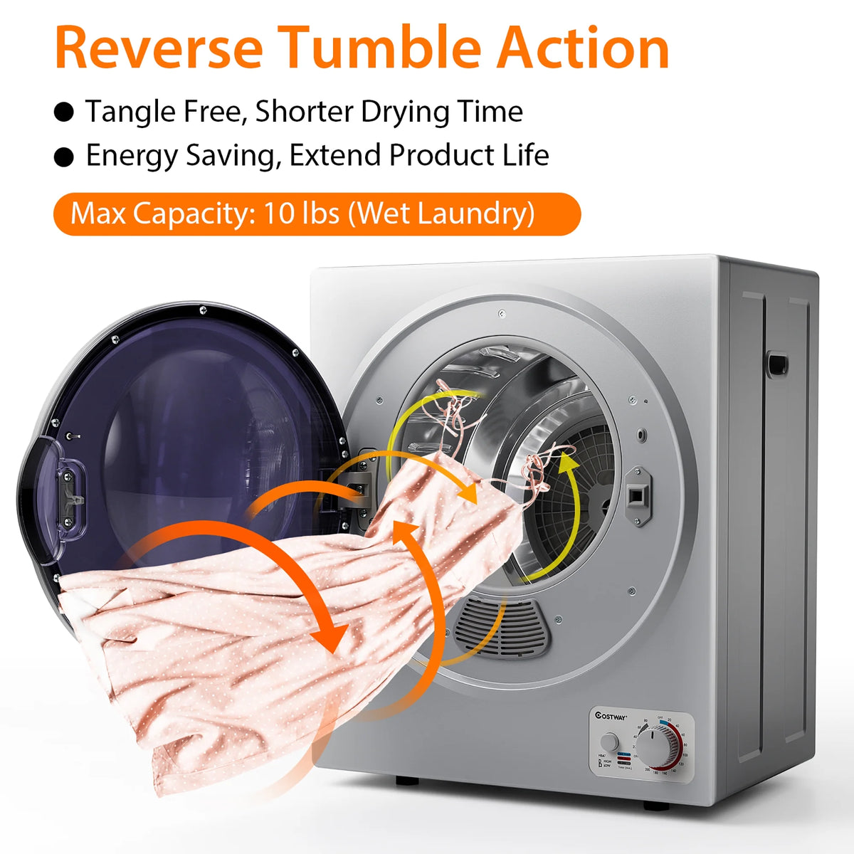 Costway Electric Tumble Compact Laundry Dryer Stainless Steel Wall Mounted 1.5 cu .ft.