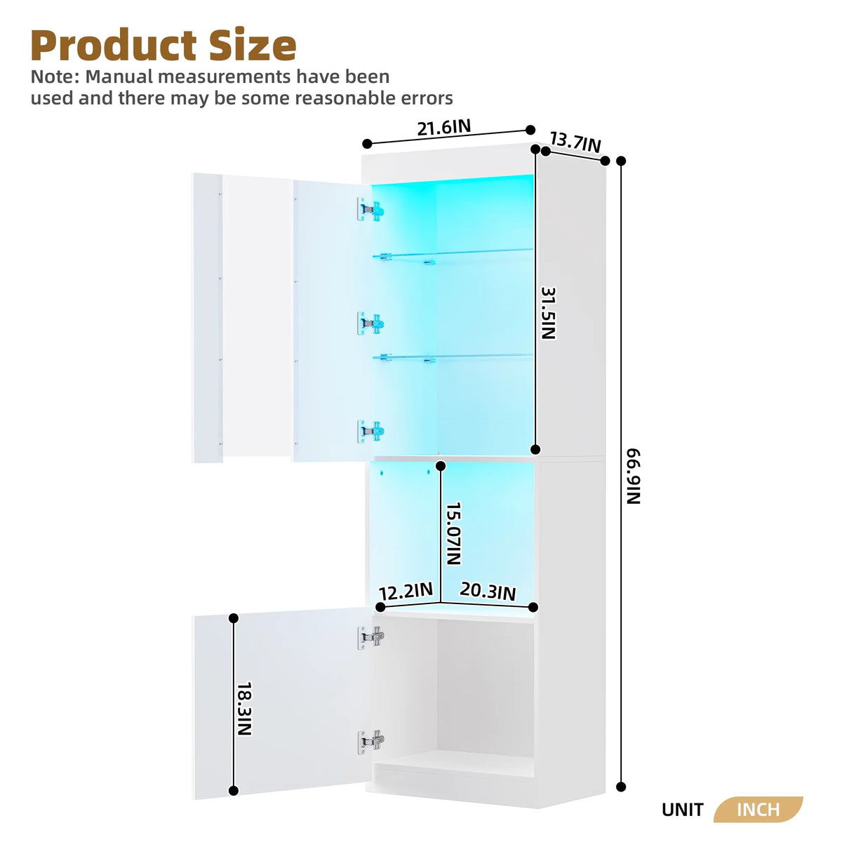 MAYEERTY High Gloss Pantry Cabinet with LED Lights: Modern Bookcase & Display Cabinet for Living Room, Black