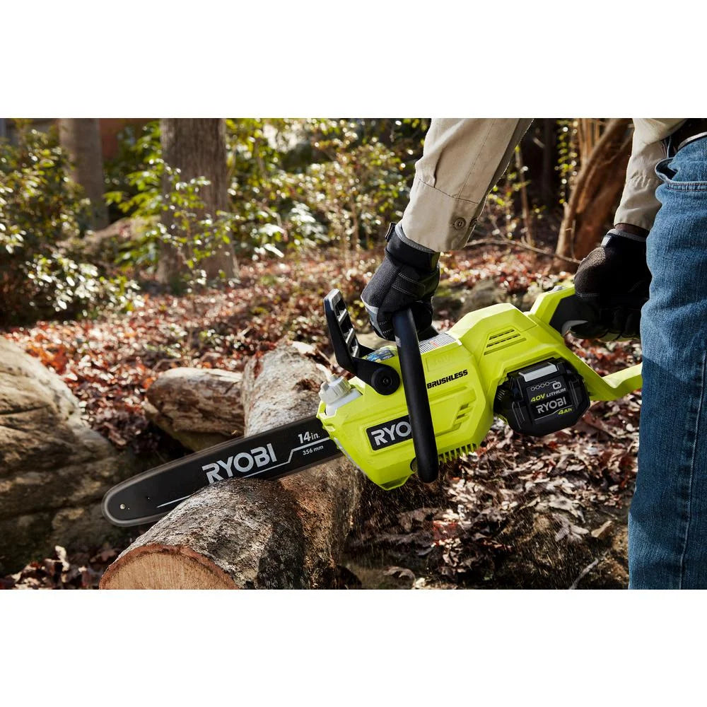 Ryobi 14" 40V Battery Powered Chainsaw, Brushless Motor for Gas-Like Power