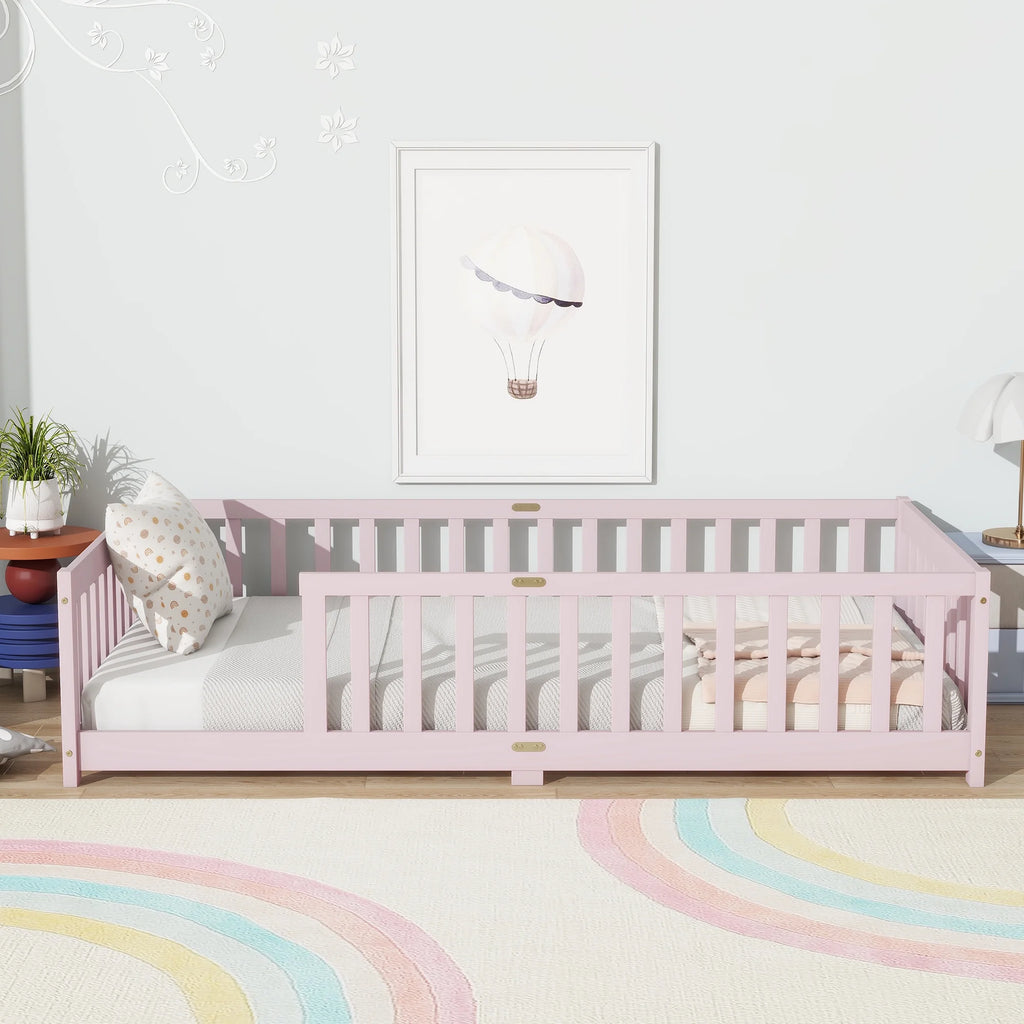 Miniyam Wooden Twin Size Floor Bed with Safety Fence for Kids, Natural