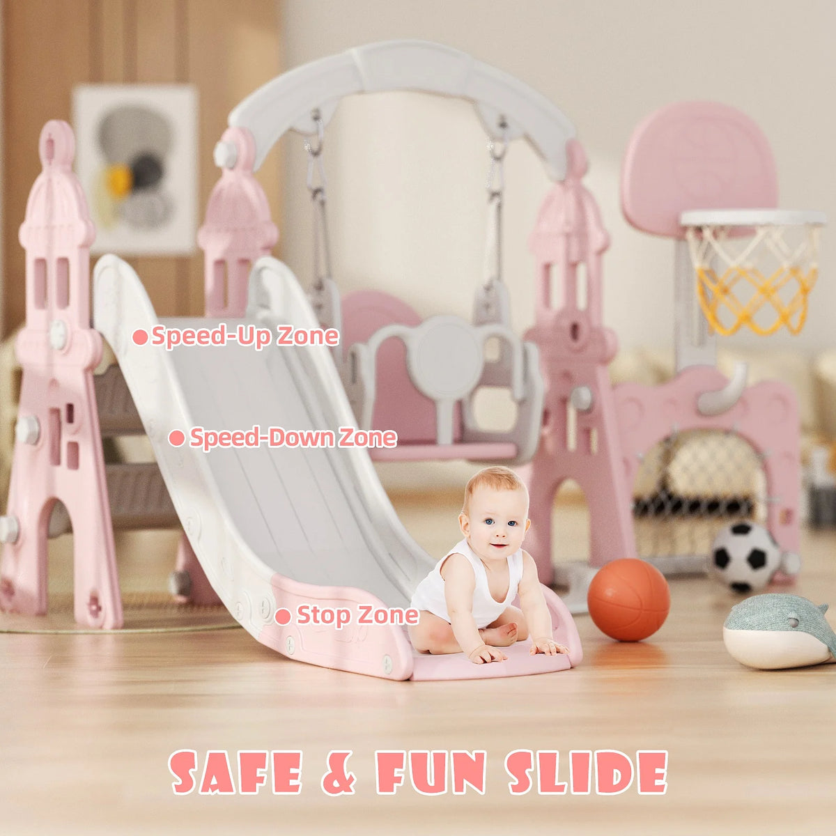 KORIMEFA 6-in-1 Kids Slide and Swing Set - Perfect for Toddlers 1-6 Years - Indoor and Outdoor Playground Slide, Swing, Basketball Hoop, and Climber Toy