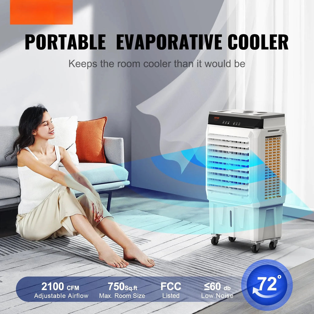 VEVOR Evaporative Air Cooler, 2100 CFM, 135 Oscillating Swamp Cooler with Adjustable 3 Speeds and 12 H Timer, 7 Gal Portable Air Cooler for 750 Sq.ft, Indoor/Outdoor Use