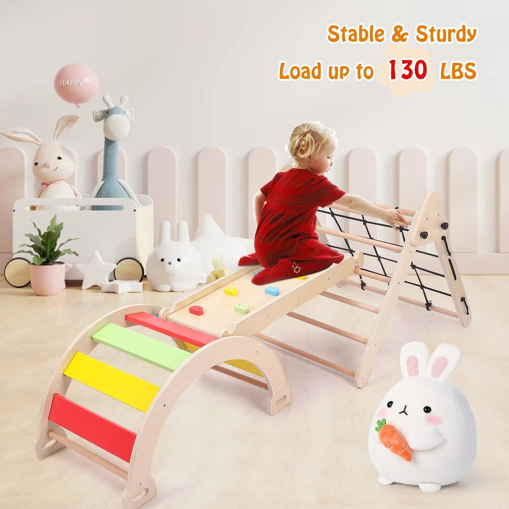 GymChoice Toddler Indoor Gym Playset,4 In 1 Pikler Triangle Gym,Foldable Climber with Ramp, Indoor Climbing Toys for Kids, Climbing Triangle for Toddlers Arch Climber, Rocker, 18M+
