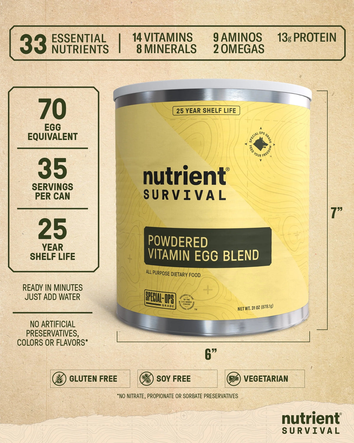 Nutrient Survival Vitamin Powdered Eggs Blend, Freeze Dried Prepper Supplies & Emergency Food Supply, 33 Essential Nutrients, Gluten Free, Shelf Stable Up to 25 Years, One Can, 70 Egg Equivalent
