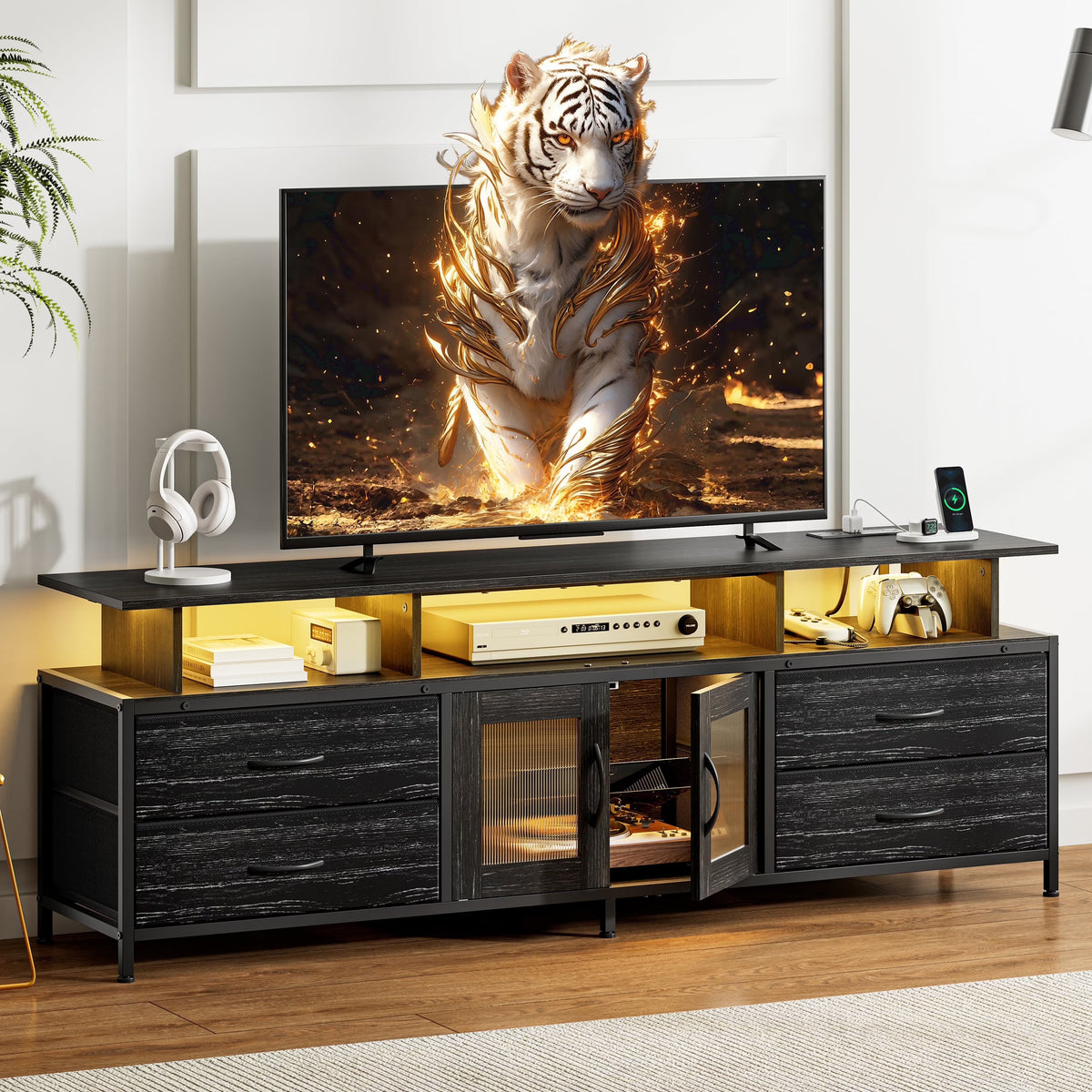 GUNAITO TV Stand for TV up to 70", Big TV Stand for Living Room Entertainment Center with LED Lights and 4 Fabric Drawers , Black