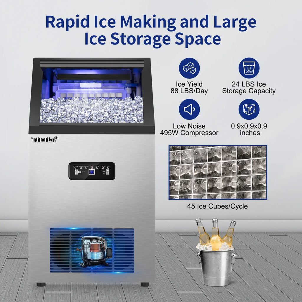 TITTLA 100Lbs/24H Commercial Ice Maker Machine,24 Lbs Storage,45 Ice Cubes in 12-15 Mins,Stainless Steel Ice Maker for Home Bar Cafe