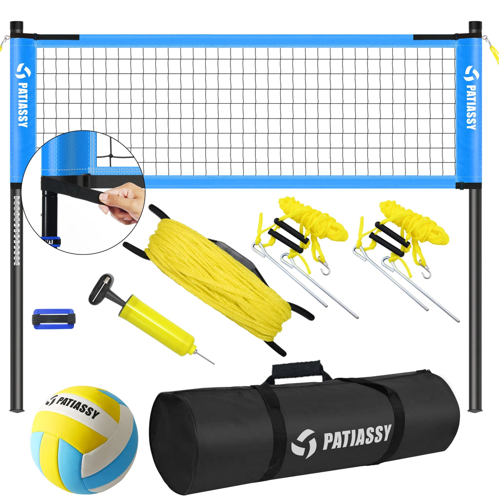Patiassy Outdoor Portable Volleyball Net Set System for Backyard - Quick & Easy Setup Adjustable Height Steel Poles, PU Volleyball, Pump and Carrying Bag