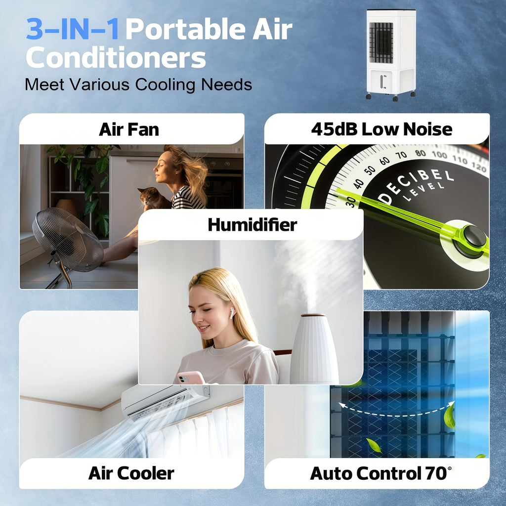Portable Air Conditioners, Evaporative Air Cooler [40Hrs Lasting], Portable ac Unit w/ 2.6 Gal Water Tank & 3 Speeds, Personal Air Cooler with Remote, Fast Cooling Windowless Air Conditioner for Room