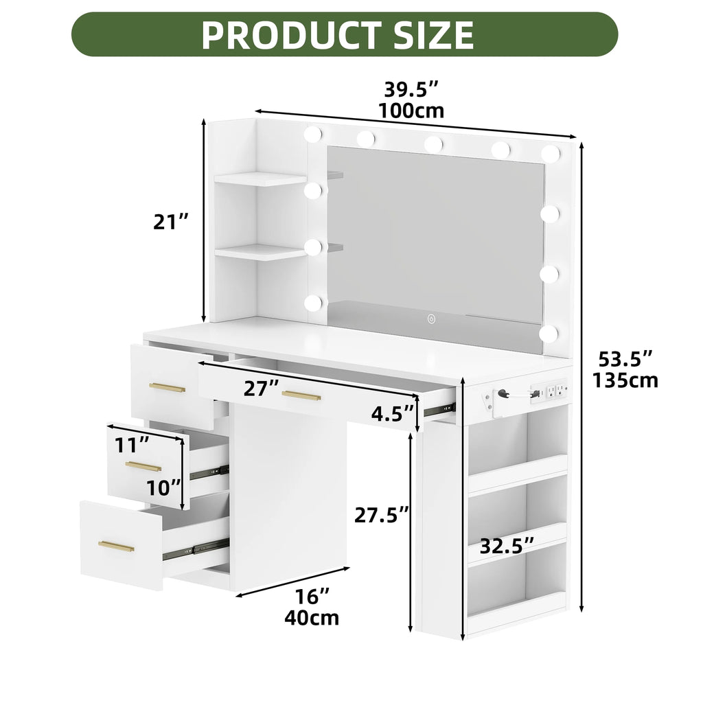 Uforic Makeup Vanity Desk with Mirror & Lights, Vanity Desk with 4 Drawers & Storage Shelves - White