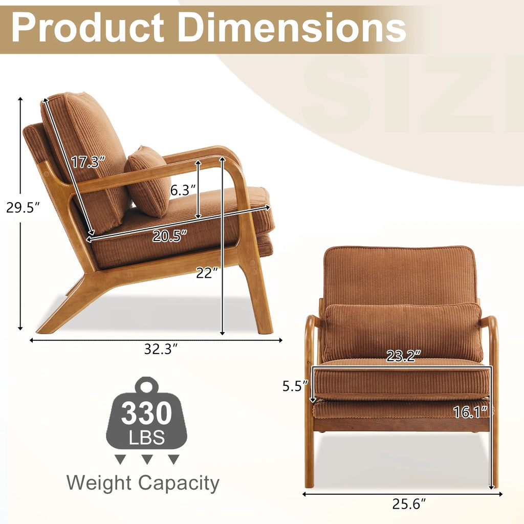 Ktaxon Accent Chair Corduroy Upholstered Armchair, Reading Club Chair with Pillow and Solid Wood Frame for Living Room Bedroom Furniture Off White