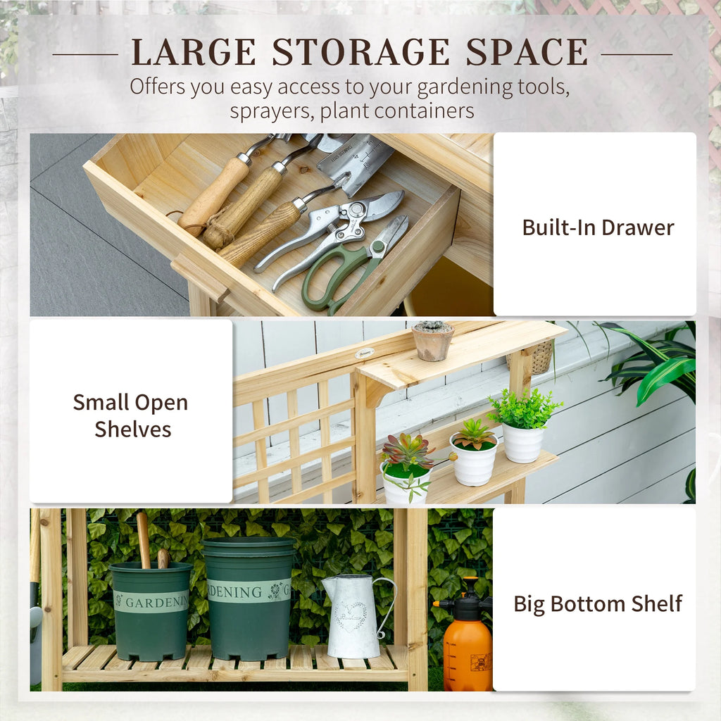 Outsunny Potting Bench Table, Garden Work Bench, Outdoor Wooden Workstation with Tiers of Shelves and Drawer for Patio, Courtyards, Balcony, Grey