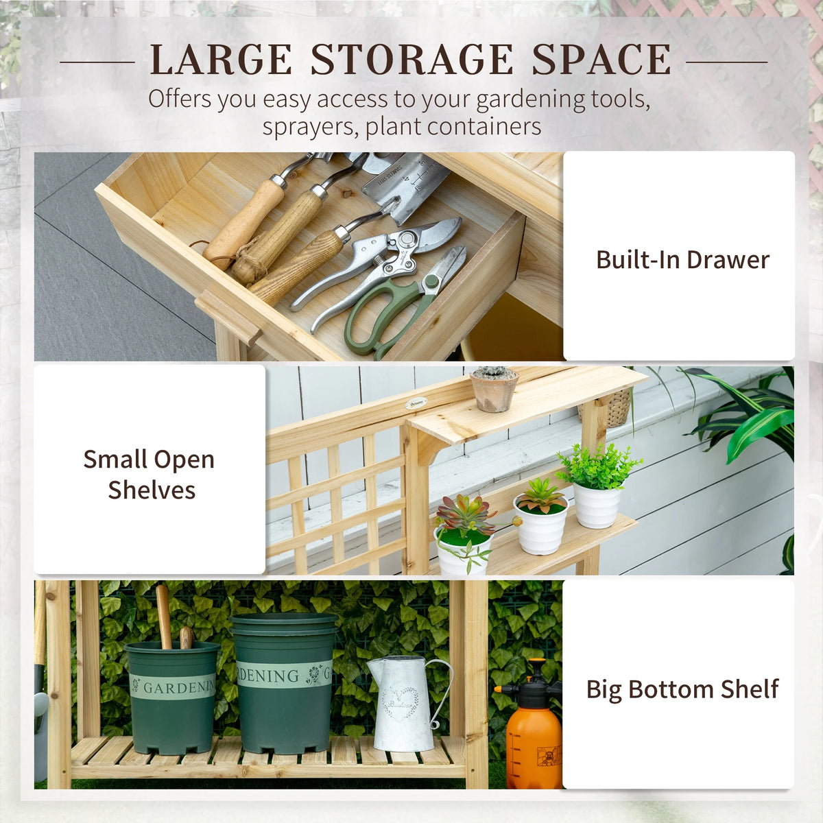 Outsunny Potting Bench Table, Garden Work Bench, Outdoor Wooden Workstation with Tiers of Shelves and Drawer for Patio, Courtyards, Balcony, Grey