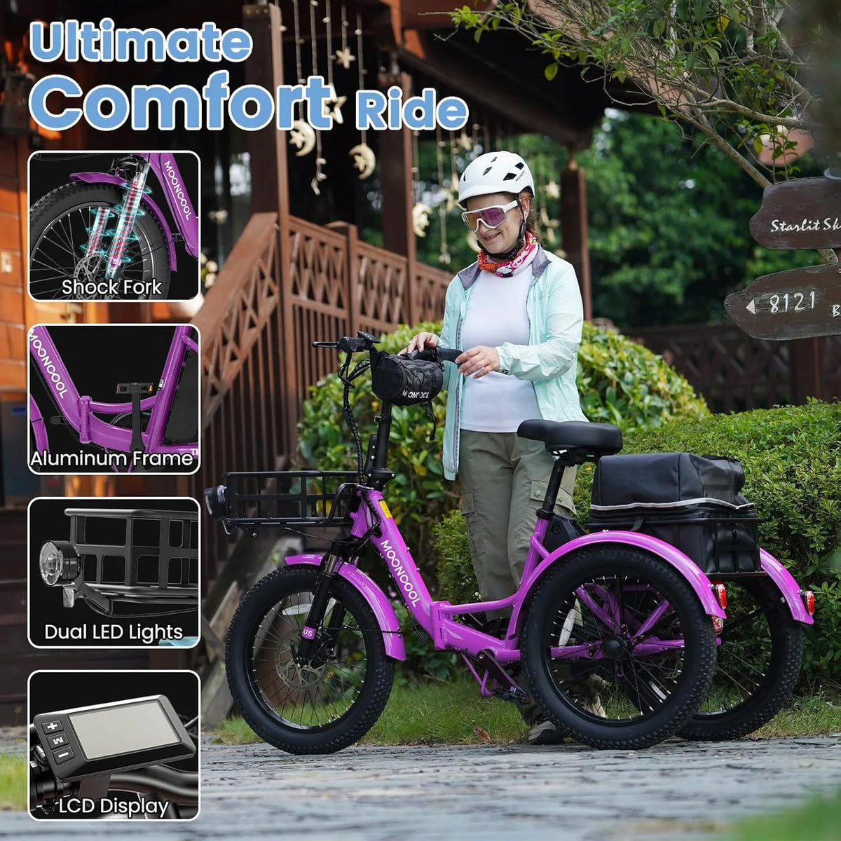 MOONCOOL TK1 Folding Electric Tricycle for Adults,48V 14.5Ah Removable battery, 500W Peak 1000w Motor, 20" Fat Tire Step-Thru 3Wheel Electric Bicycle w/Front&Rear Baskets, Certified to UL 2849 by SGS