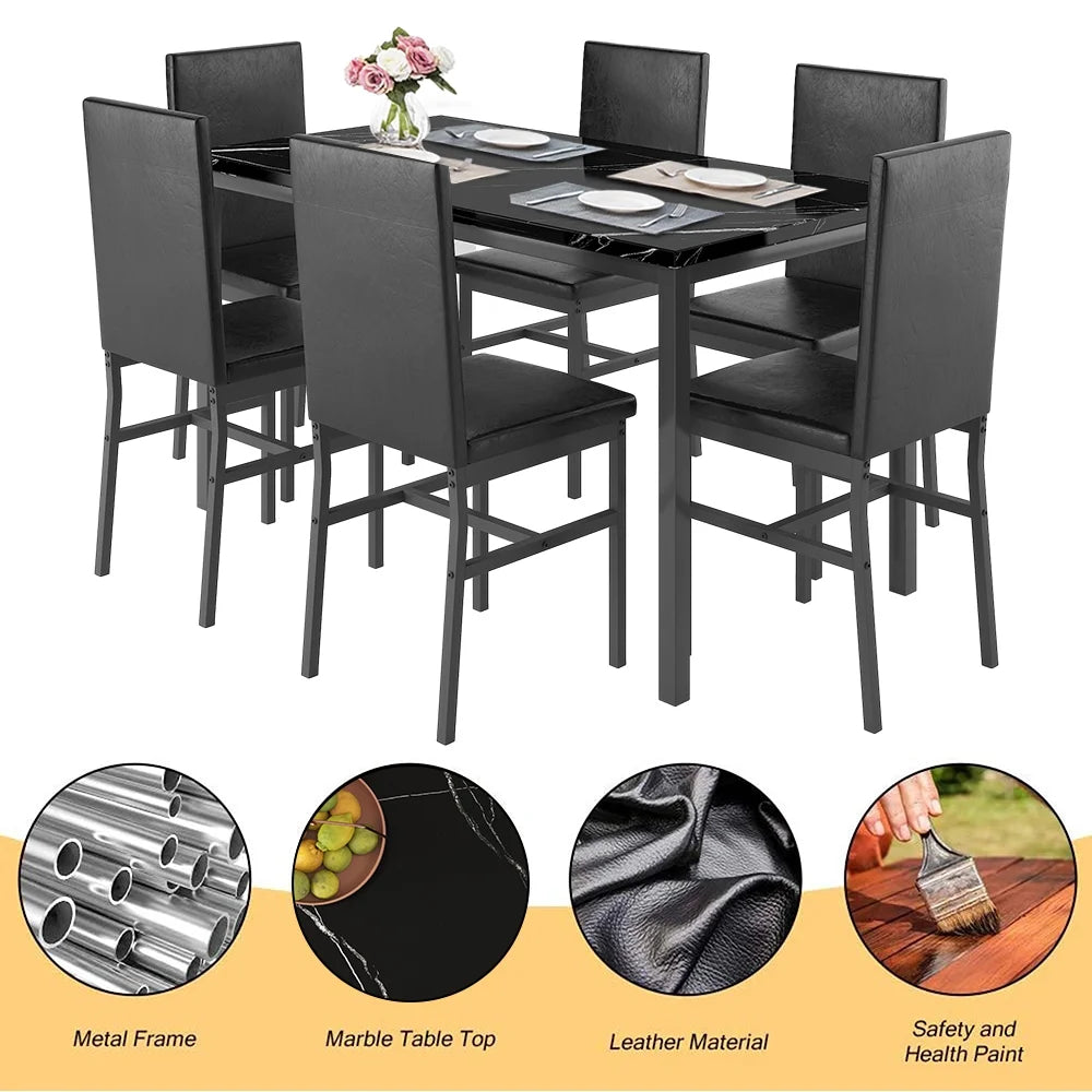 Dining Table with 6 High-back Upholstered Chairs, Modern Dinette Set, Dining Table and Chairs Set for 6 Persons, Small Home Kitchen Dining Table Set, Ideal for Apartment Breakfast Nook Bar, B1470