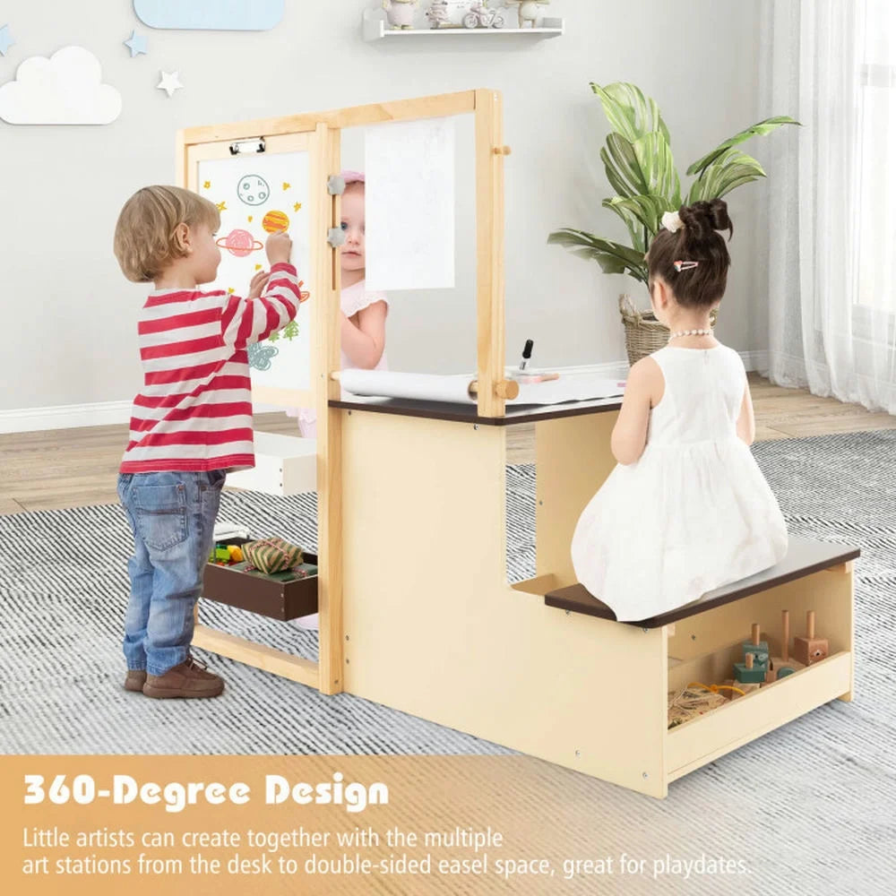 Spaco Kids Art Center Wooden Table Bench Set-Brown, Toddler Table and Chair Set for Arts & Crafts, Snack Time, Homeschooling, Homework