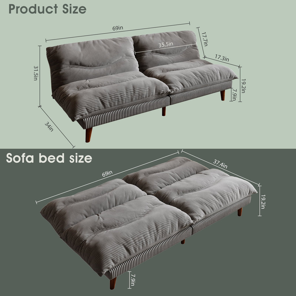 NYBOPAVIS 69" Futon Convertible Sofa Bed, Corduroy Loveseat Sofa Couch for Small Space Green