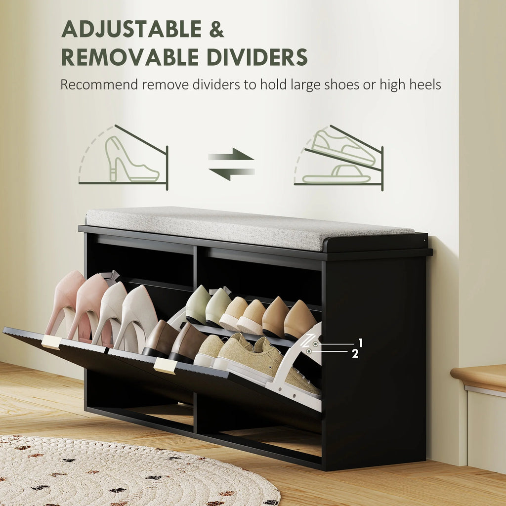 HOMCOM Shoe Bench with Padded Seat Cushion and Flip-Drawer, Entryway Bench Holds up to 529lb, 40.9x10.2x18.7 Inches, Black