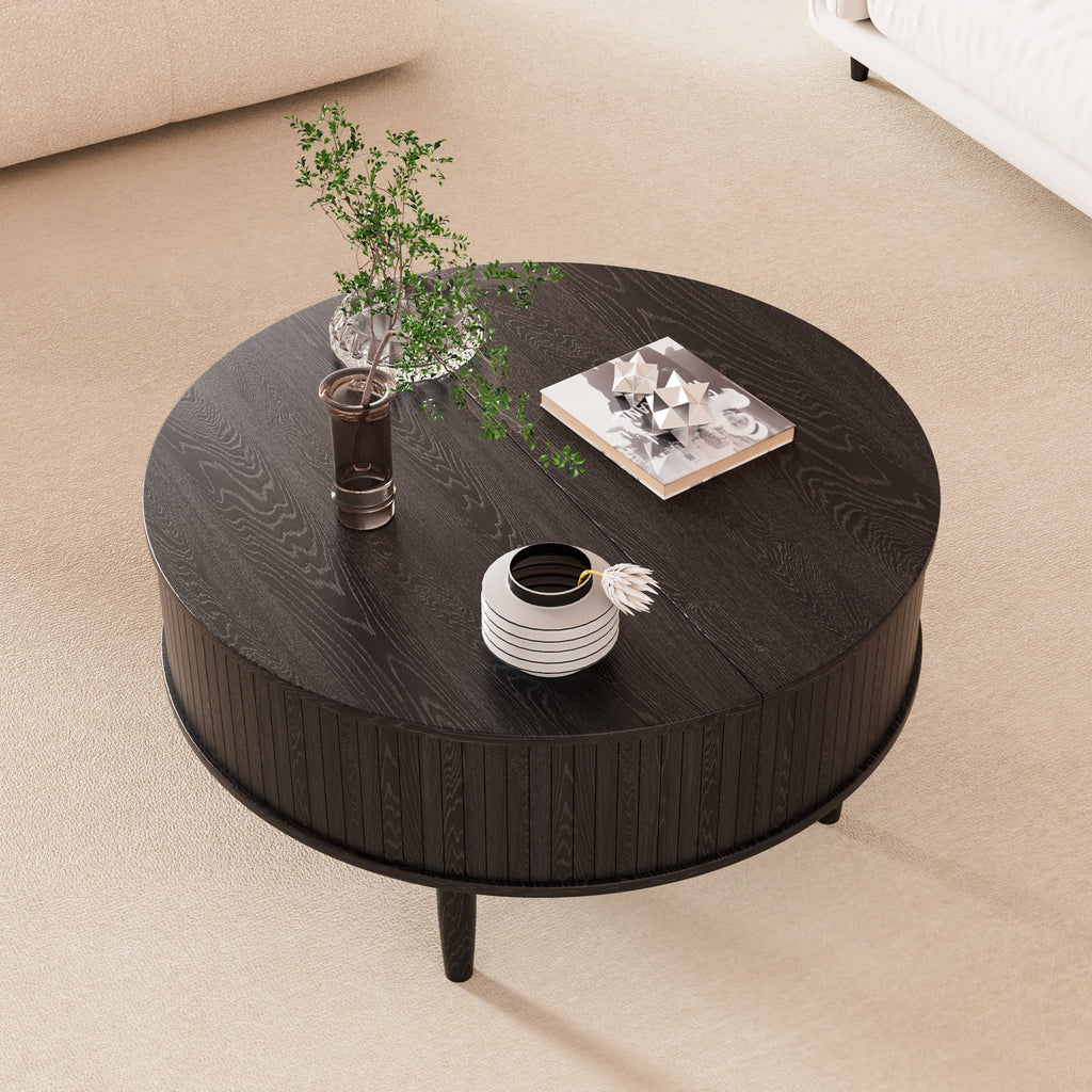 Oubayajia Round Coffee Table, Small Fluted Lift Top Center Table for Home Living Room Office, Walnut