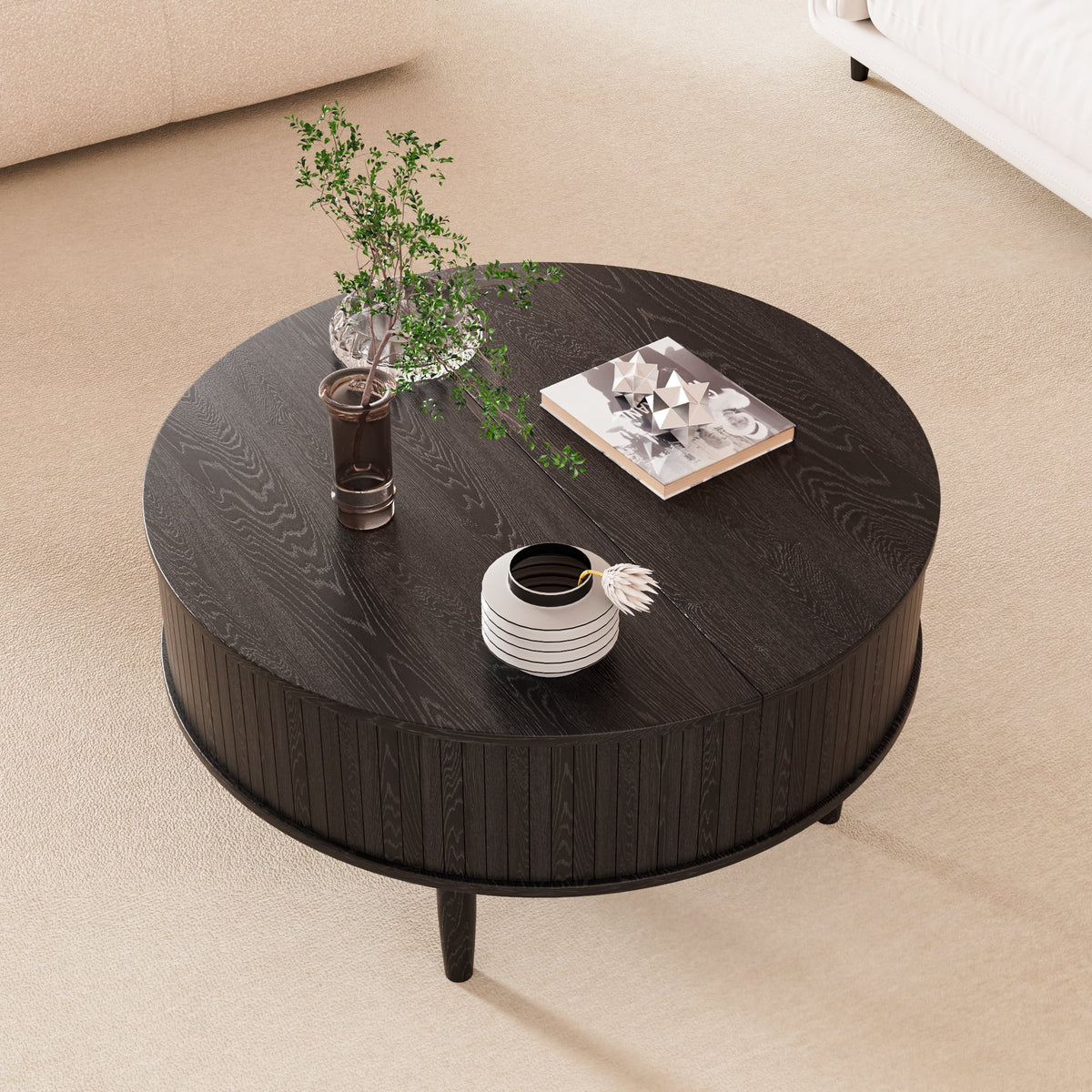 Oubayajia Round Coffee Table, Small Fluted Lift Top Center Table for Home Living Room Office, Walnut