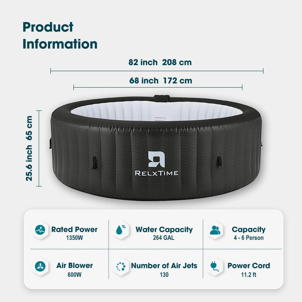 RELXTIME 4-6 Person Inflatable Hot Tub Pool Round Portable Outdoor Spa with 130 Massage Jets, Blue