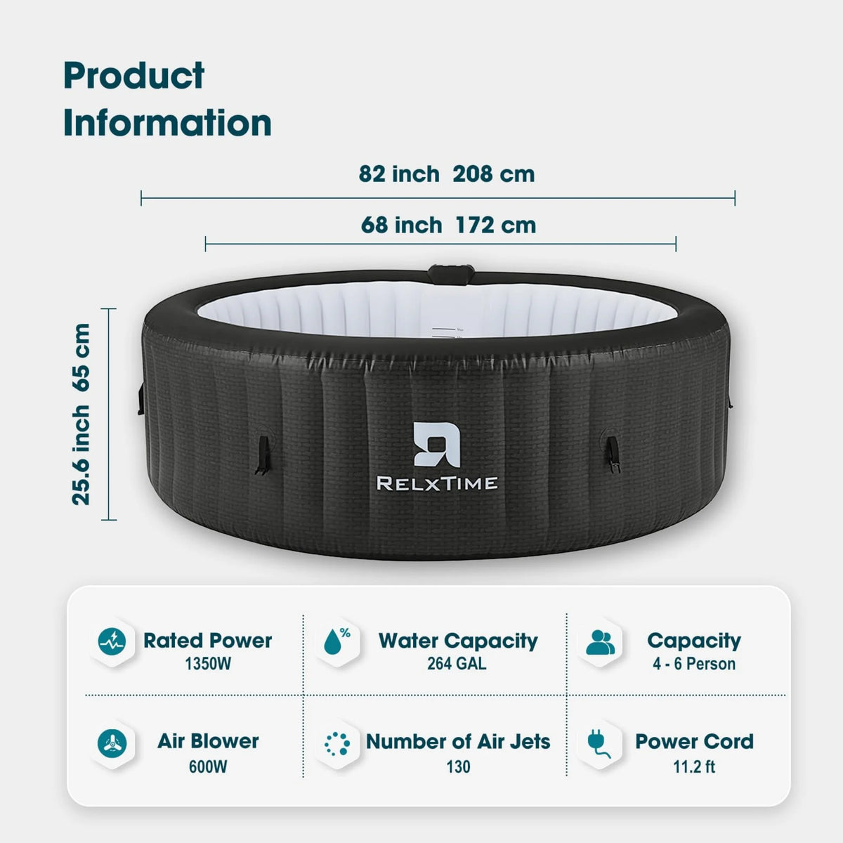 RELXTIME 4-6 Person Inflatable Hot Tub Pool Round Portable Outdoor Spa with 130 Massage Jets, Blue