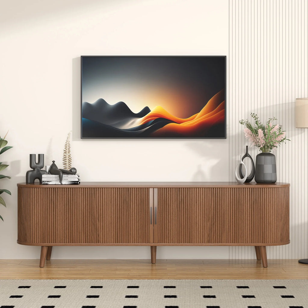 Planntonneo Mid-Century Modern Fluted TV Stand Wooden Media Console Entertainment Center for Living Room, Walnut Color