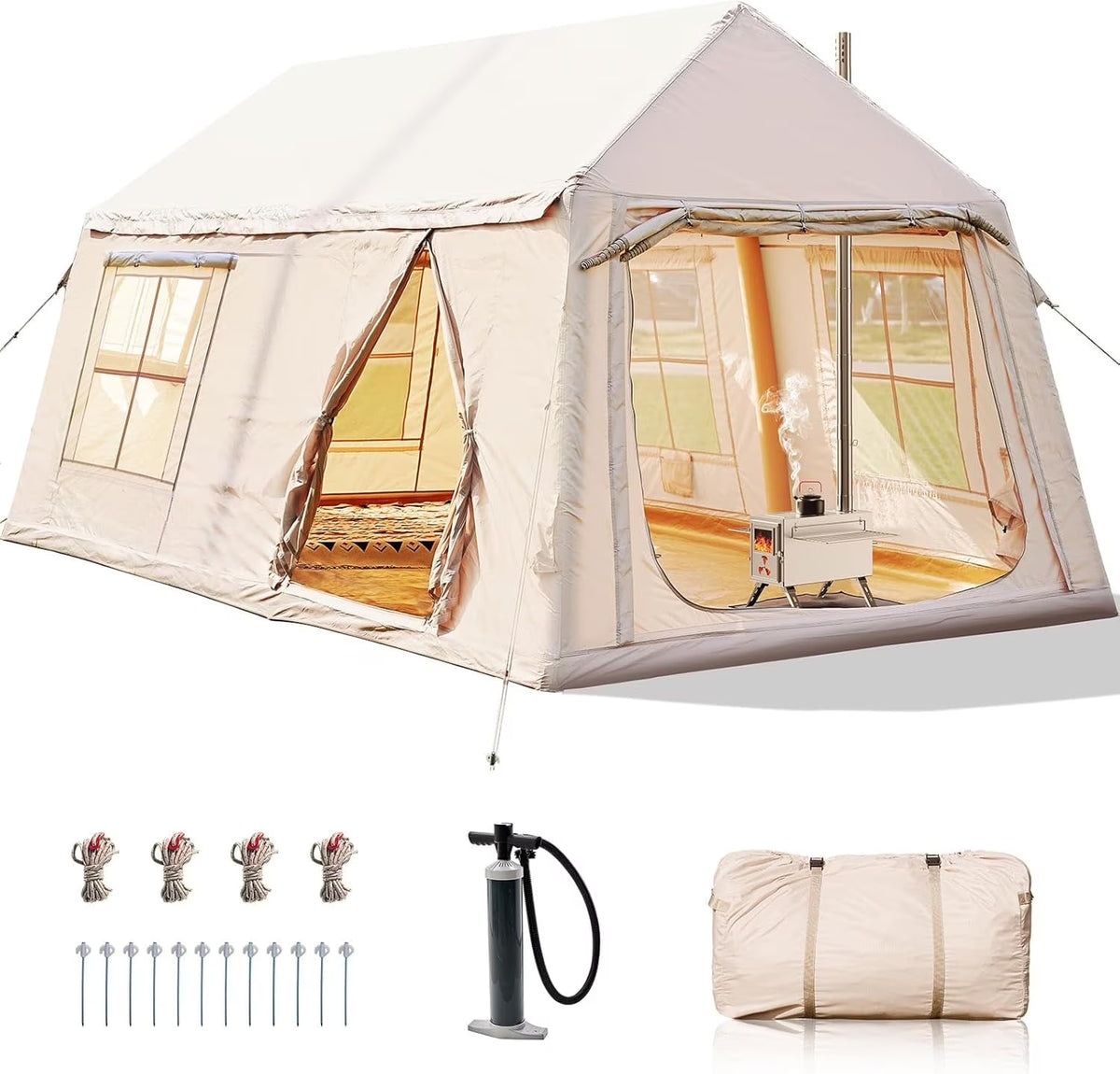 Inflatable Tents for Camping, Blow Up Tent with Canopy, Easy Setup Inflatable Camping Tent with Stove Jack, Waterproof Oxford Air Glamping Tents for Camping Adult 8-10 Person