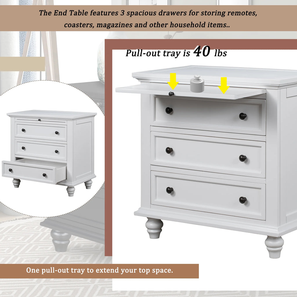 EUROCO 28 Larger Solid Wood 3-Drawer Side Table Nightstand, End Table with Pull out Tray for Bedroom, Living Room, Hallway, Entryway,White