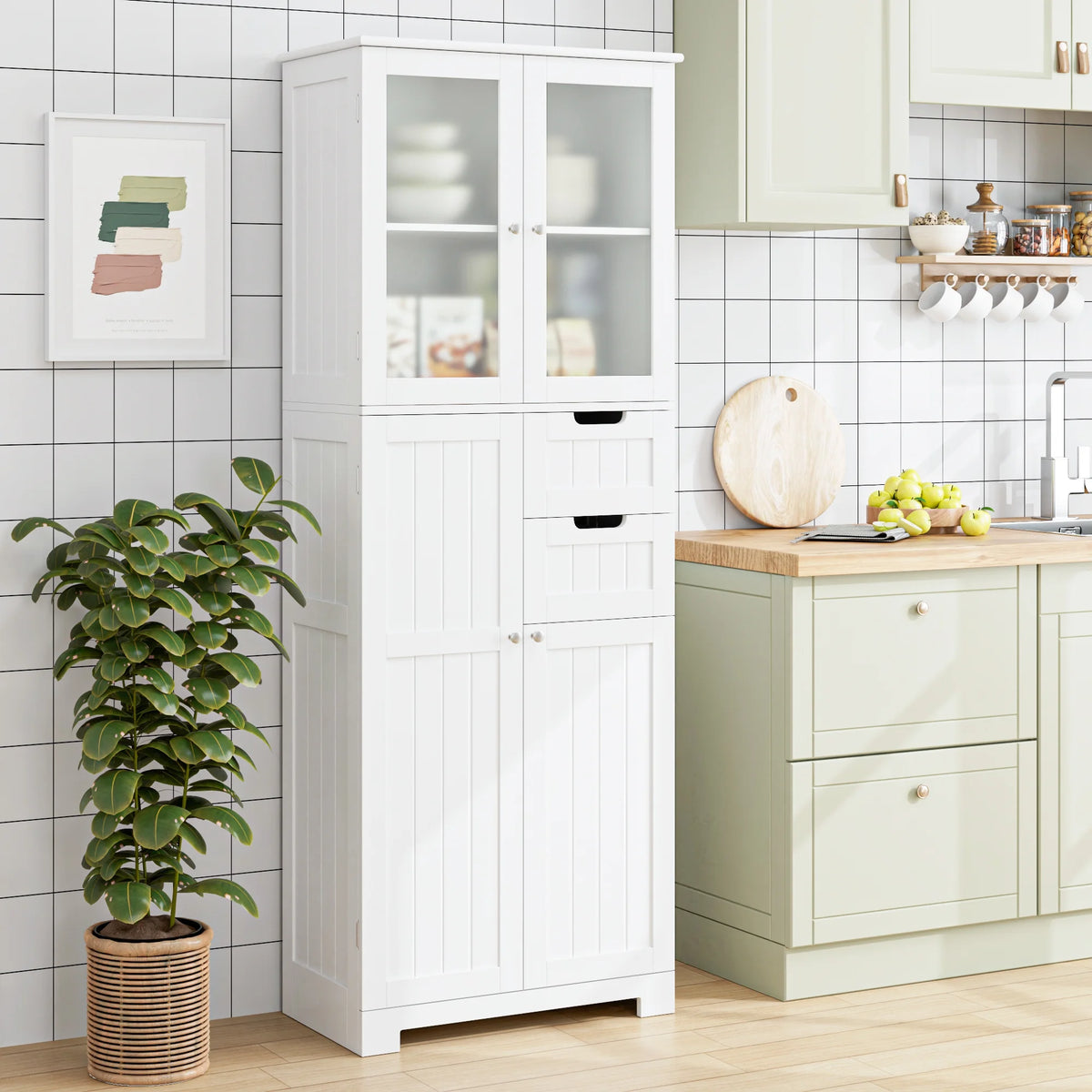 Homfa 67" Tall Bathroom Cabinet, White Linen Cabinet with Doors and Removable Drawers, Kitchen Cupboard