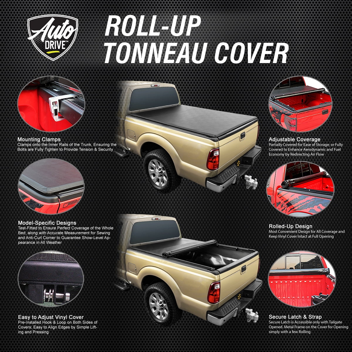 Auto Drive Soft Roll up Truck Bed Tonneau Cover Fits 1999-2006, 07 Classic Silverado / Sierra 1500 2500 HD 3500 HD 6.5FT Bed (78")