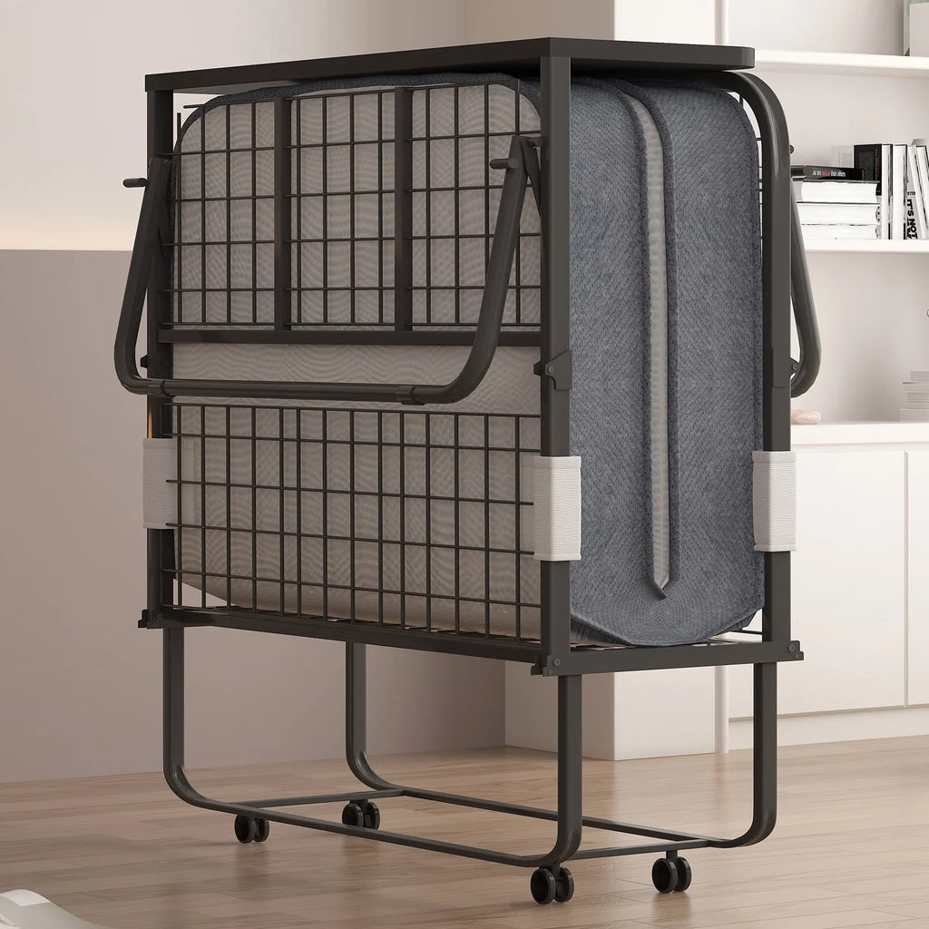 CECER Folding Bed with 5-inch Thick Mattress and Headboard|31" Width Twin Size Portable Bed|Space Saving Foldable Bed with High Resilient Foam Mattress|Foldable Metal Bed Frame with 4 Lockable Wheels