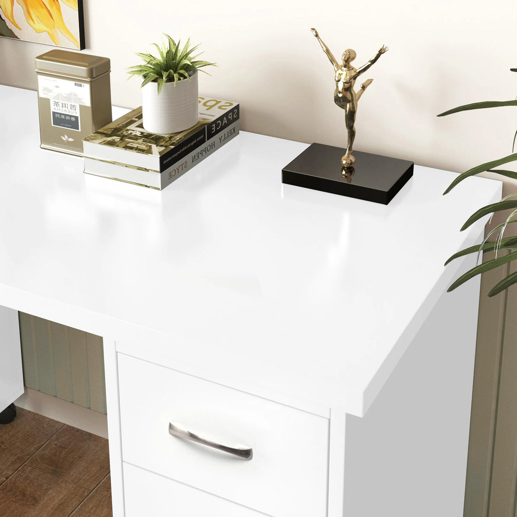 Sesslife White Computer Desk, Writing Desk with Lockable Wheels Modern Wood Study Desk with 4 Drawers for Home Office Workstation